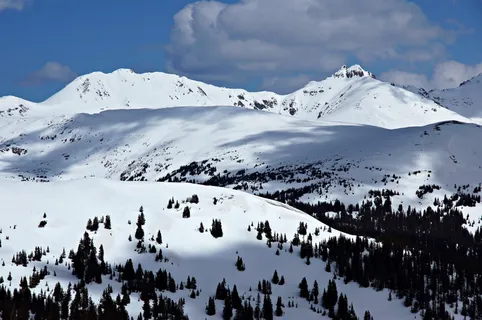 科罗拉多州洛夫兰山口穿越大陆分水岭时,可以看到雪山的山峰和云朵。 科罗拉多州洛夫兰山口穿越大陆分水岭时,可以看到雪山的山峰和云朵。