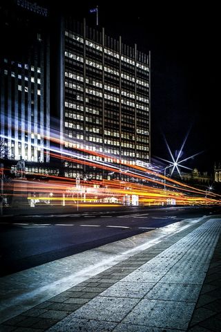 建筑、建筑、城市、市中心、光线条纹、长时间曝光、夜晚、道路