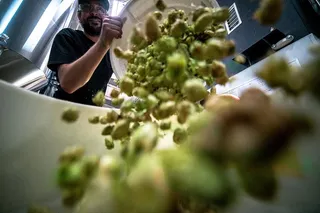 男子将一桶食物倒在白色容器上