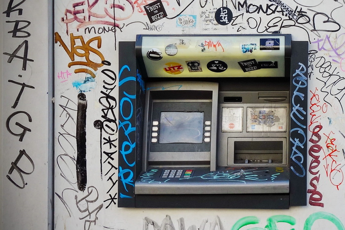 肮脏、墙壁、机器、atm、故意破坏、技术、无人、室内