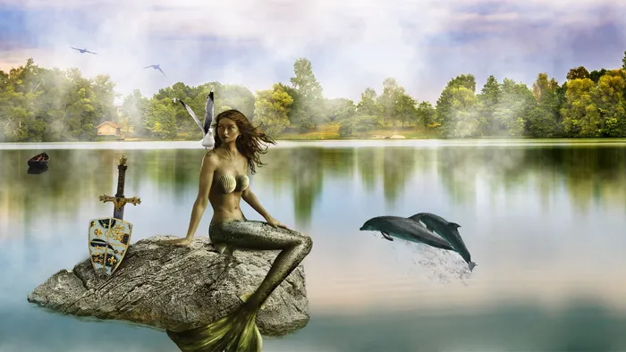 美人鱼，海豚画，构图，构图，水，湖，艺术，美丽