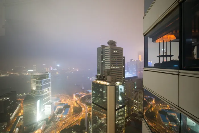 香港，上议院，夜间，港口，亚洲，灯光，薄雾，建筑物