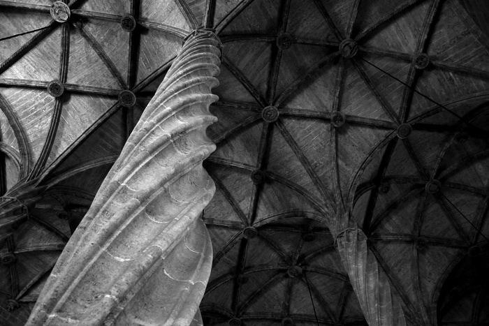 灰度照片、房屋、柱子、天花板、教堂、回廊、大教堂、小教堂