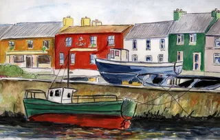 绿色、红色、船、旁边、走道绘画、艺术、绘画、水彩画