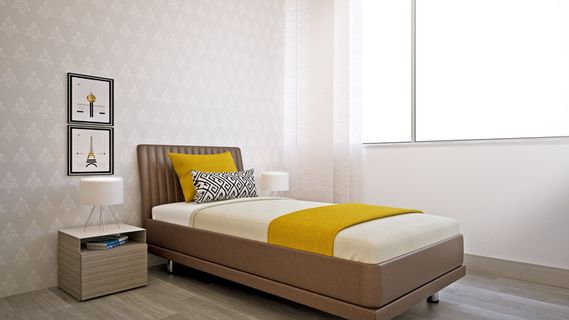 棕色木床、卧室、灯光、空间、室内、室内、窗户、缺勤