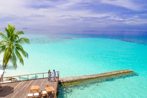 男人和女人站在棕色的木制码头上