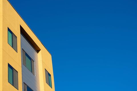 建筑，黄色，蓝色，建筑，对比，高清壁纸，壁纸，高清背景