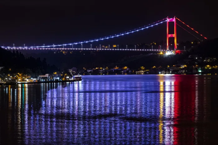 夜, 博斯普鲁斯海峡, 土耳其, 伊斯坦布尔, Arnavutkoy, 桥, 海, 反射