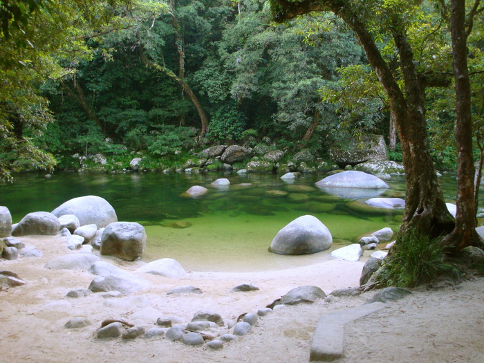 灰色、巨石、湖泊、绿色、树叶、树木、绿色河流、白色沙滩