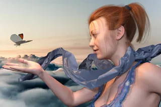 女人，看，灰色，红色，蝴蝶，天空，风景，肖像