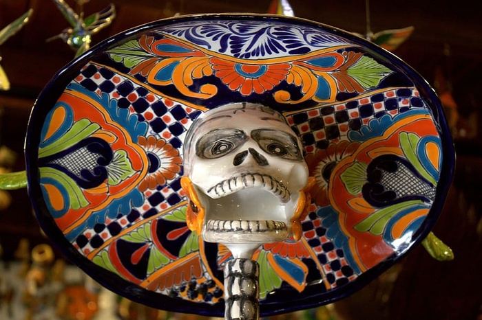 白色、黑色、骷髅、绿色、花卉、帽子雕像、el dia de los muertos、死亡日