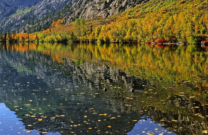 秋叶和群山映照下的湖景