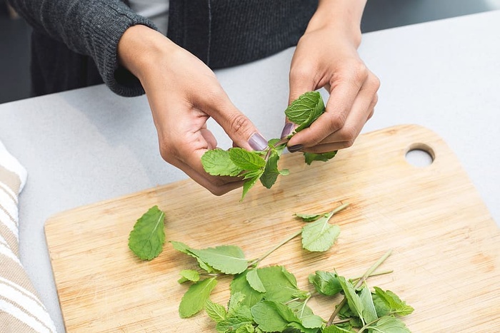 女人撕薄荷叶照片