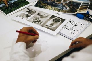 红笔，人手，手，艺术和工艺，创意，菜鸟图库，桌子，纸