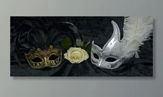 照片，金，银面具，旁边，白，玫瑰，花，面具