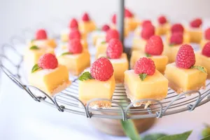 圆形灰色金属支架上的方形草莓芝士蛋糕