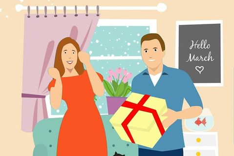 一个男人在家里给他的配偶送一只母猪的插图