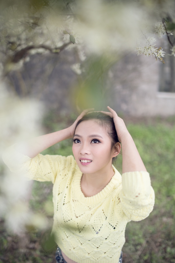 女人，黄色，毛衣，抱着，头，看，花，春游