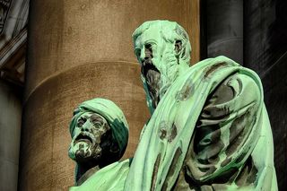 特写摄影，两张，男人，穿着，绿色，套装雕像，雕塑，铜