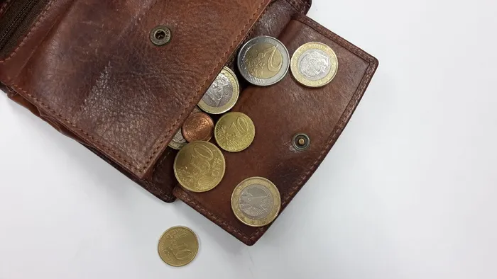 棕色，皮革钱包，硬币，白色，表面，钱包，货币，欧元