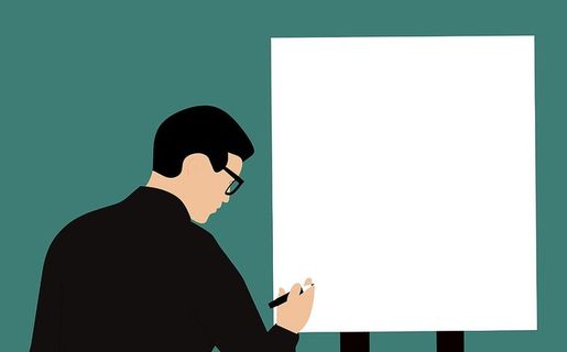 男子在大报告纸的黑纸上书写的插图。