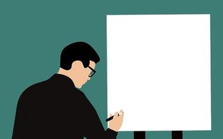 男子在大报告纸的黑纸上书写的插图。