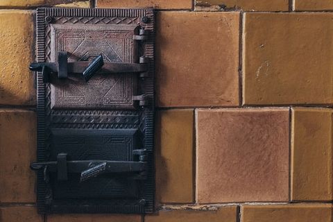 瓷砖、钢、金属、炉子、锁、无人、室内、旧