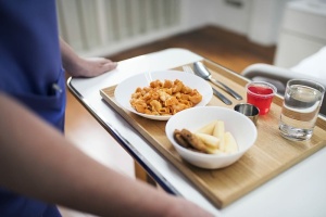 人员、服务、早餐、棕色、木制、托盘、食物、膳食
