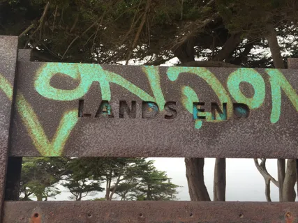 美国, 旧金山, 土地尽头步道停车场, 土地尽头, 涂鸦, 湾, 树木, 文本