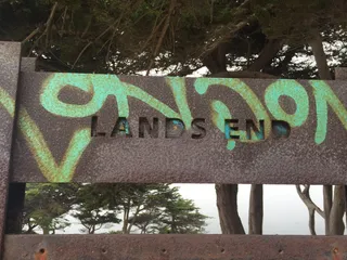 美国, 旧金山, 土地尽头步道停车场, 土地尽头, 涂鸦, 湾, 树木, 文本