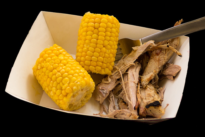 玉米、食物、植物、蔬菜、膳食、黄油、猪肉、叉子