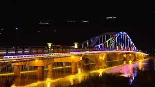 桥，夜，灯，明亮，海，水，辉光，城市