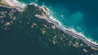 空中，射击，身体，水，海，城市，建筑物，屋顶