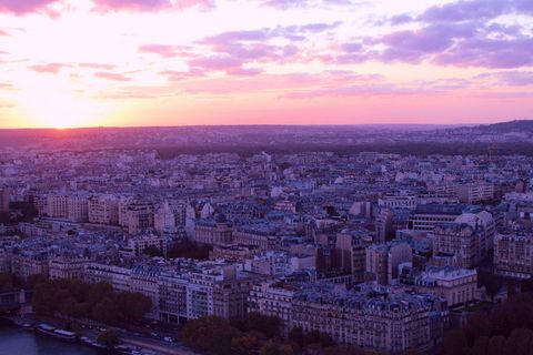 #日落、太阳、巴黎、法国、城市、城市之旅、旅行、粉色