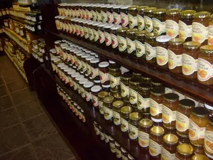 标签，瓶罐，货架，果酱，蜜饯，展示，乡村商店，罐