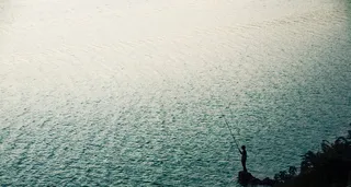 人，使用，鱼竿，身体，水，海，海洋，波浪