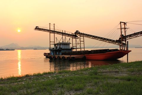 码头，轮船，河边，黄昏，日落，长江，水，天空