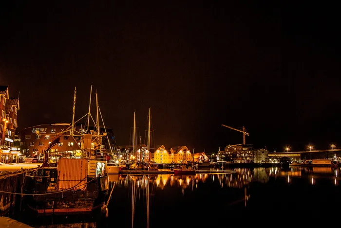 航空、摄影、城市、夜间、挪威、特罗姆索、港口、船只