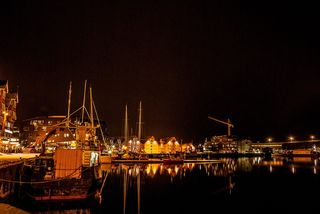 航空、摄影、城市、夜间、挪威、特罗姆索、港口、船只