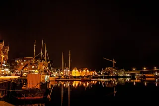 航空、摄影、城市、夜间、挪威、特罗姆索、港口、船只