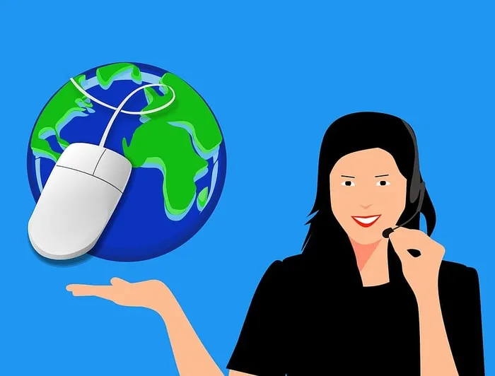 信息技术推动全球通讯——戴着耳机的女性与地球仪的插图。