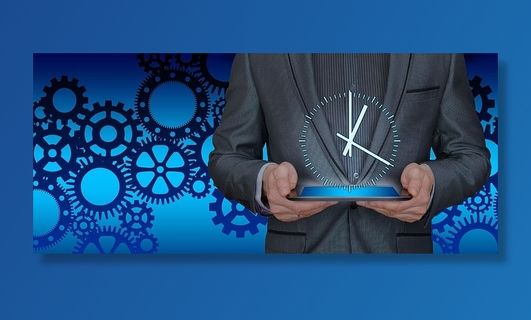 人，手持，蓝色，基本时钟，时间，商人，平板电脑，齿轮