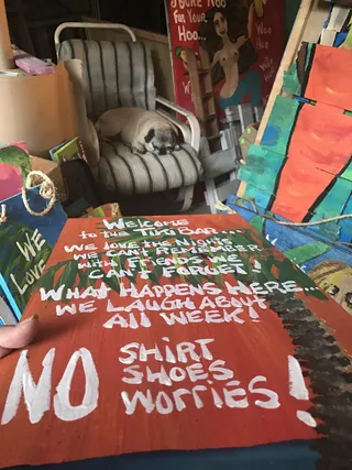 美国，坦帕，狗，睡觉，朗达克民间艺术家，工作室，提基酒吧标志，帕格