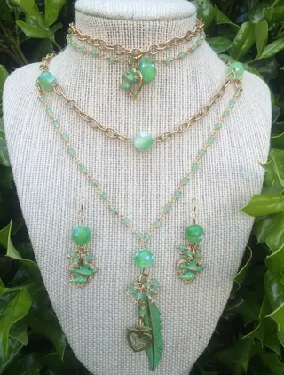 美国，夏洛特，项链，手工制作，黄铜，绿色，玛瑙，红心