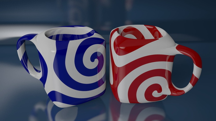 计算机图形学，3D，酒杯，聚焦前景，特写，条纹，蓝色，无人