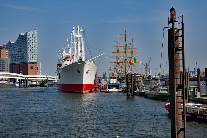港口，汉堡，易北河爱乐厅，博物馆船cap san diego，帆船，帆船训练船，amerigo vespucci，航运
