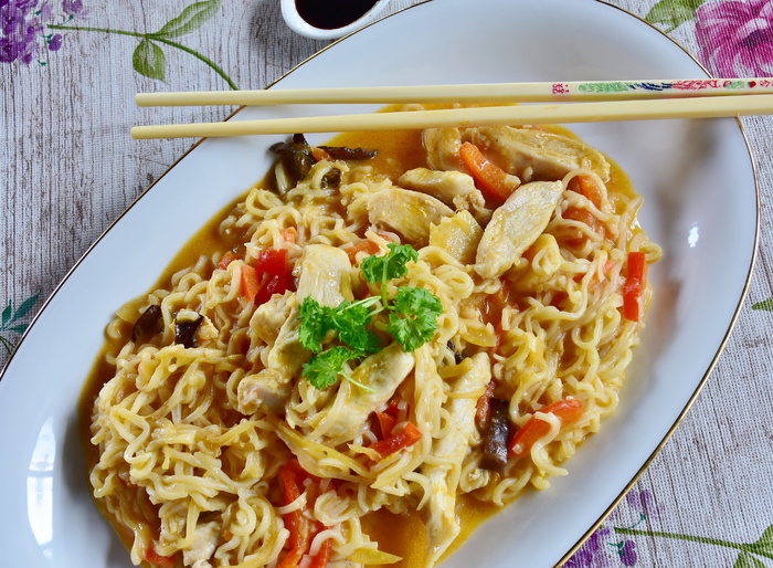 面条，亚洲，蔬菜，鸡肉，酱汁，吃，中国，烹饪