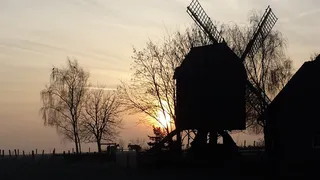 风车，田园诗，下萨克森州，天空，日落，建筑，轮廓，树