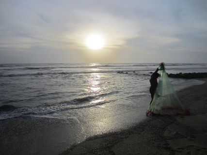 渔夫，风景，海，天，日落，水，地平线，海滩