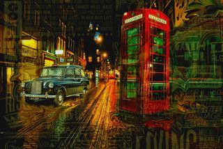 经典，蓝色，汽车，旁边，红色，电话亭，英格兰，晚上